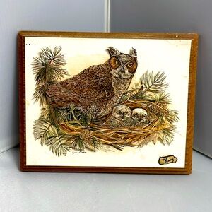 Vintage Horned Owl 3D Art Wood Wall Plaque‎ Signed Rivendell Crafts Graford TX